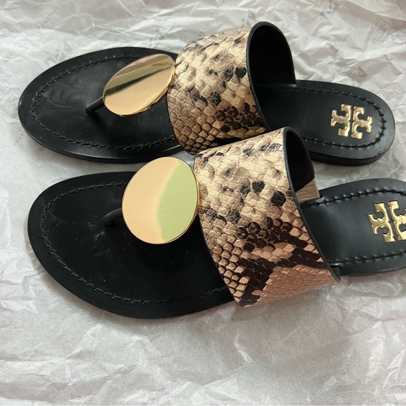 Tory Burch Shoes - 🍉Tory Burch Patos Disk Leather Sandal Desert Roccia Black Snake Embossed